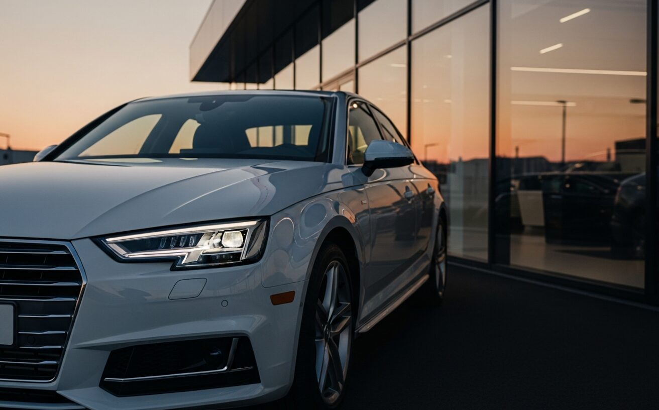 Audi A4 sedan in Glacier White at golden hour outside modern showroom