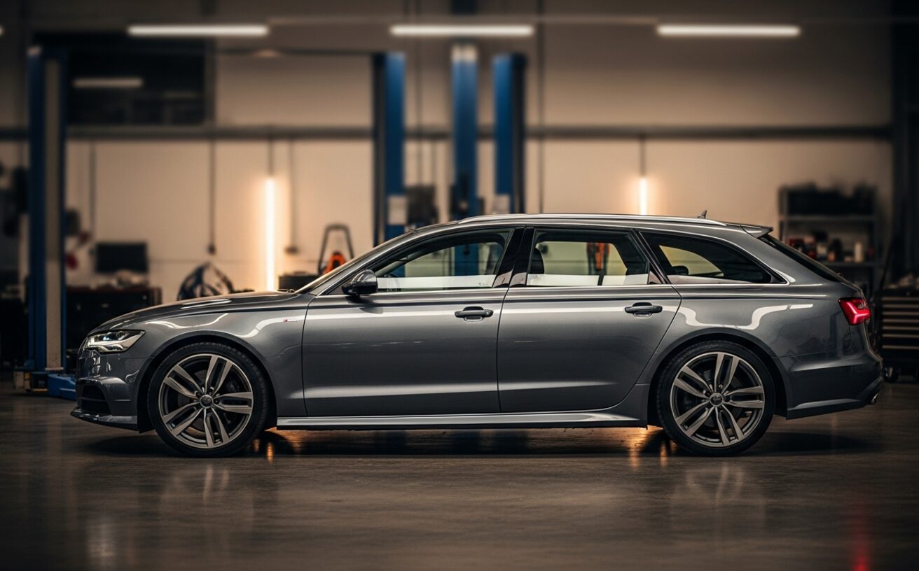 Audi A6 Avant wagon in Daytona Grey inside European specialist workshop
