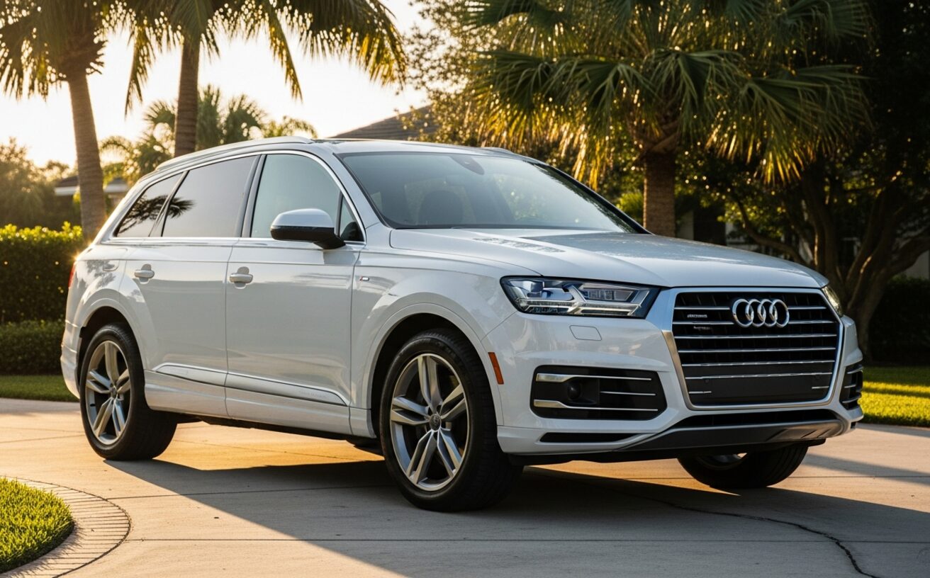 Audi Q7 SUV in Glacier White on sunlit South Florida driveway with palms