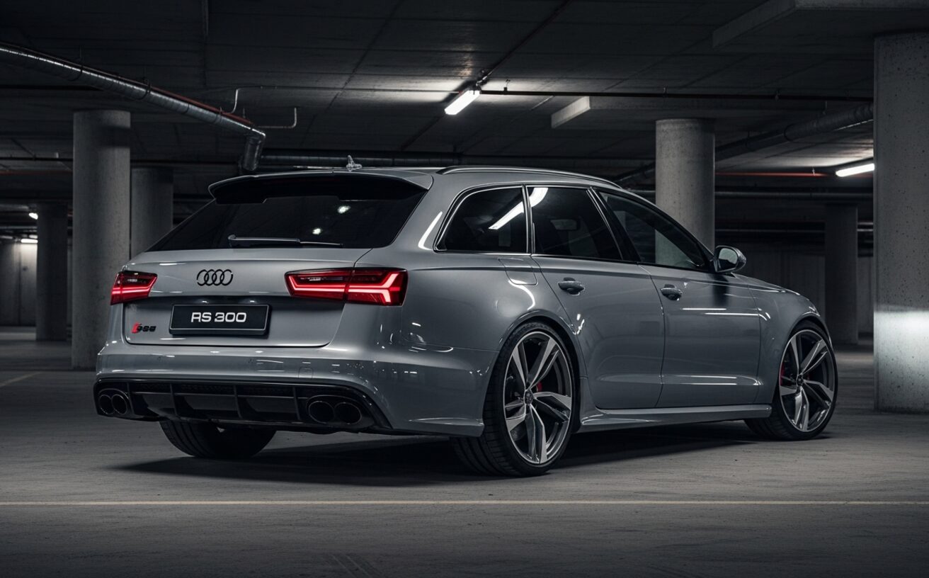 Audi RS6 Avant performance wagon in Nardo Grey in low-light underground garage