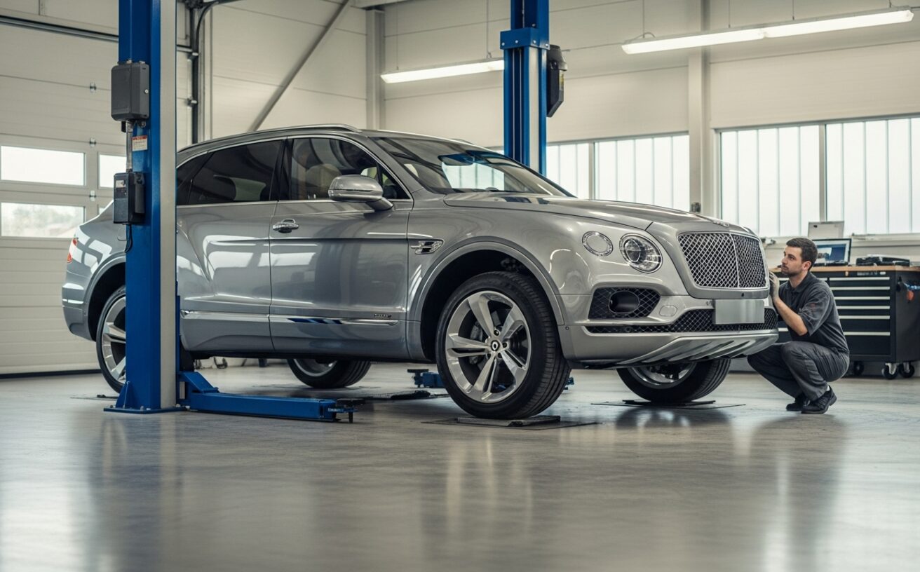 Bentley Bentayga luxury SUV on hydraulic lift in independent specialist workshop