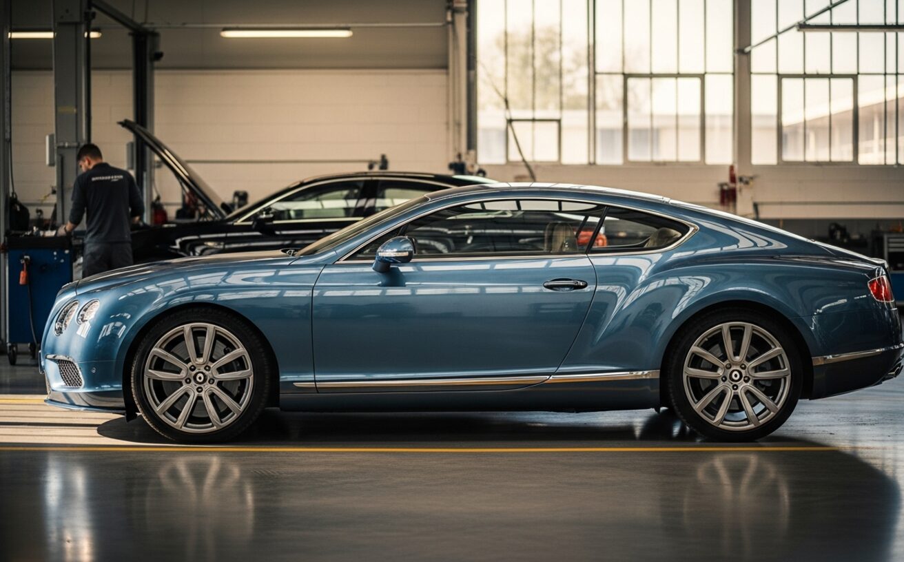 Bentley Continental GT coupe in metallic deep blue inside European specialist workshop