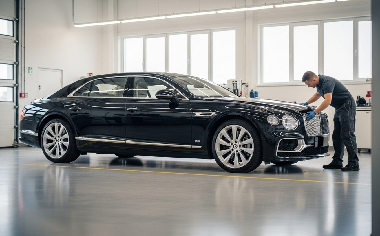 Bentley Flying Spur four-door sedan in black at European specialist workshop