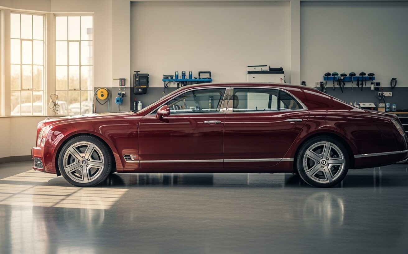 Bentley Mulsanne flagship sedan in deep burgundy at European specialist workshop
