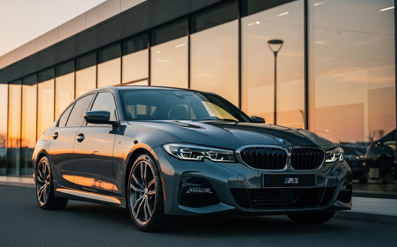 BMW M340i sedan in Brooklyn Grey at golden hour outside modern showroom