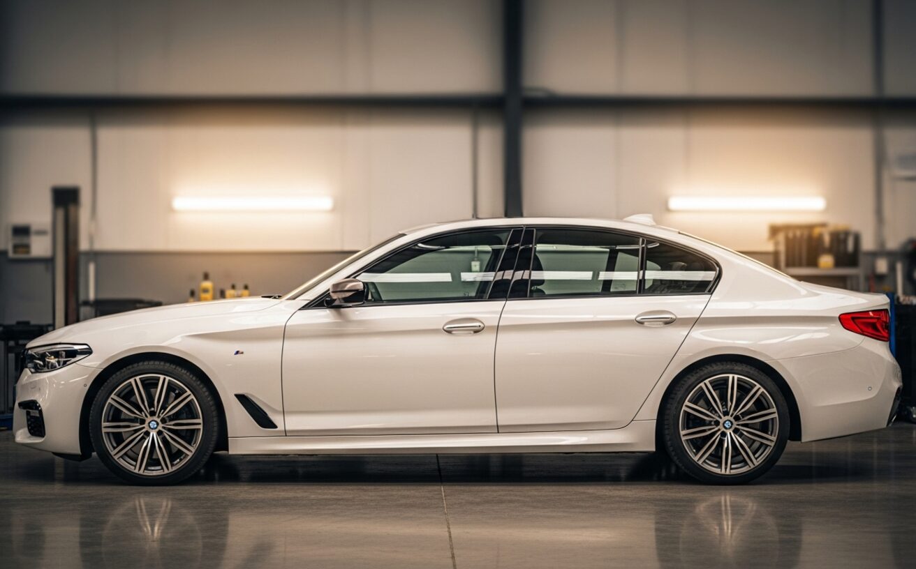 BMW 540i M Sport sedan in Alpine White inside European specialist workshop