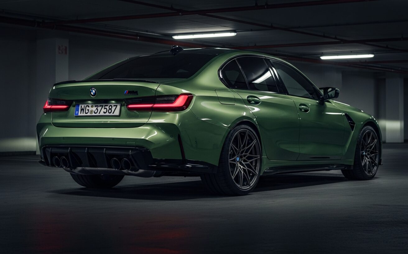 BMW M3 Competition in Isle of Man Green in low-light underground garage