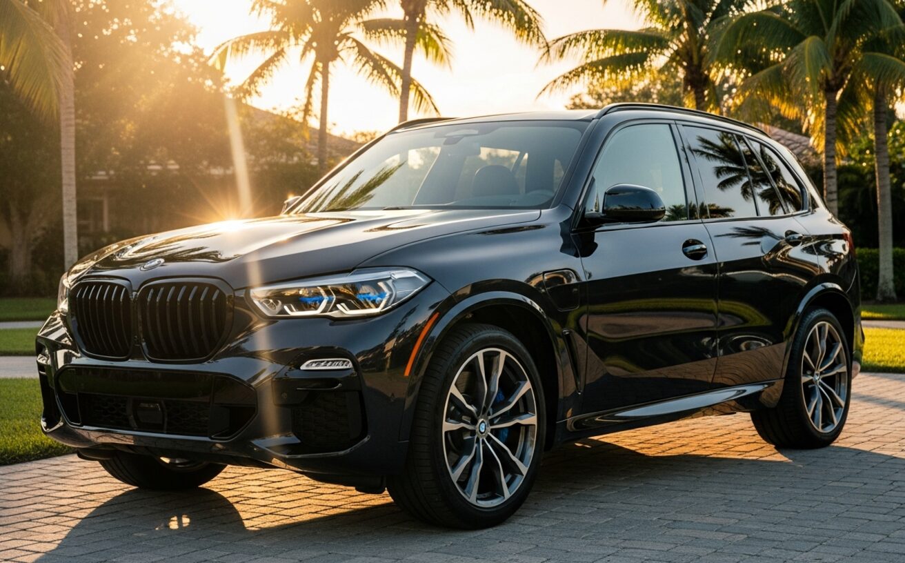BMW X5 xDrive50e SUV in Carbon Black on sunlit South Florida driveway