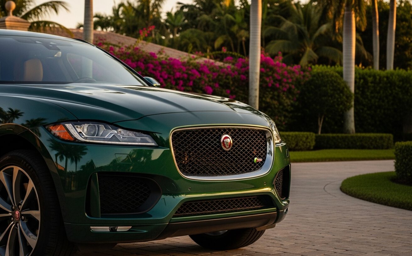 Jaguar F-Pace SUV in British Racing Green at golden hour