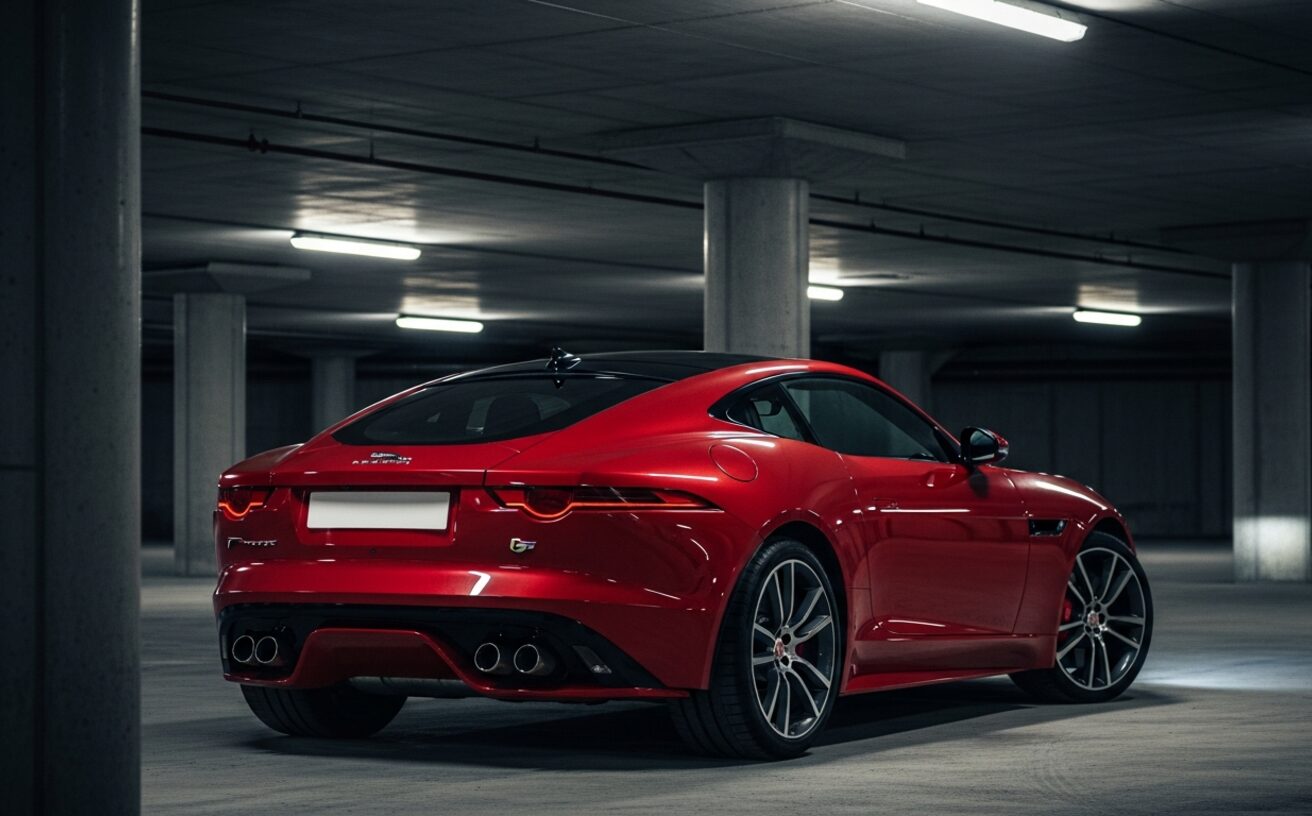 Jaguar F-Type R coupe in Caldera Red in low-light underground garage