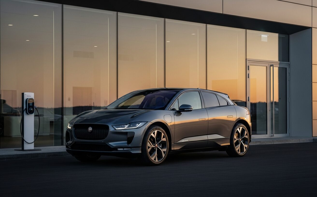 Jaguar I-PACE electric SUV in Eiger Grey at modern showroom