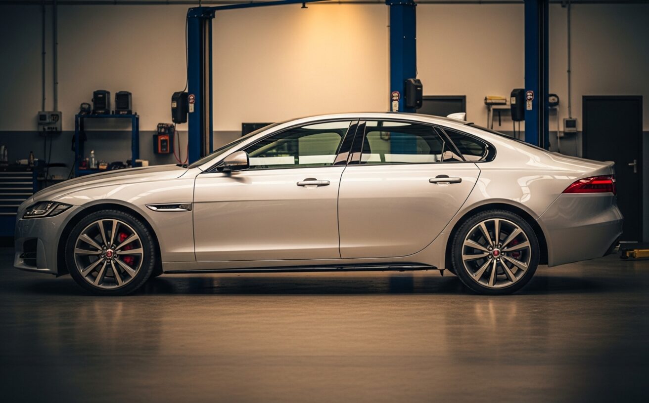 Jaguar XF sedan in Indus Silver inside European specialist workshop