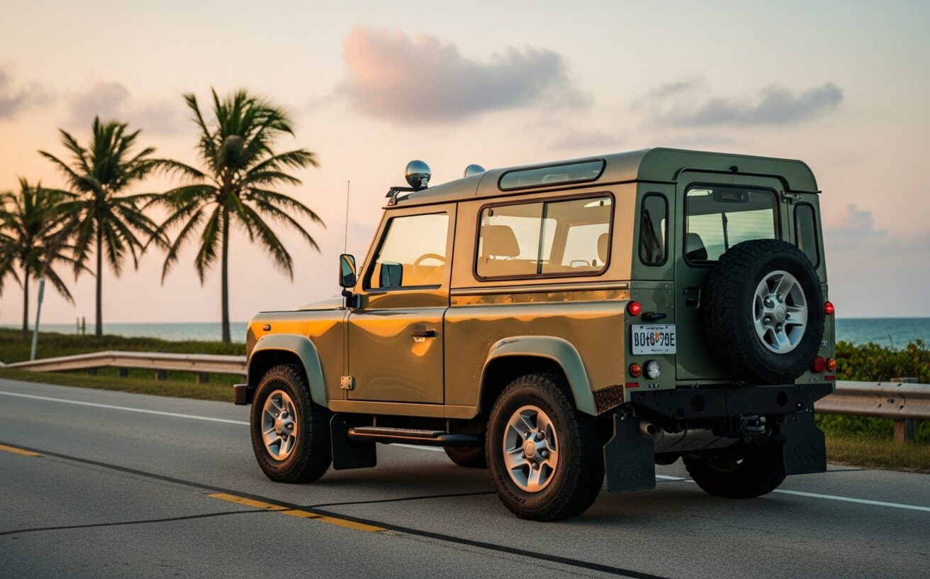Land Rover Defender 110 in Pangea Green on coastal South Florida road