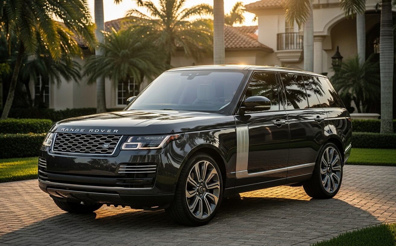 Range Rover L460 in Santorini Black on premium driveway at golden hour