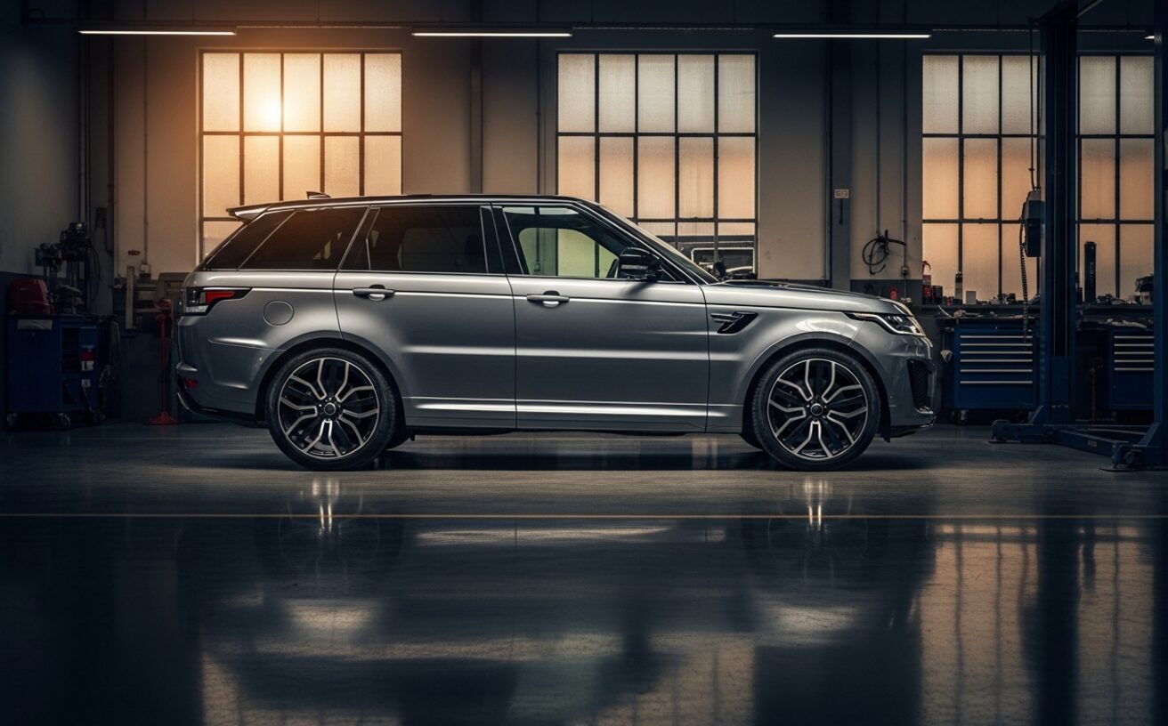 Range Rover Sport SVR in Eiger Grey inside European specialist workshop