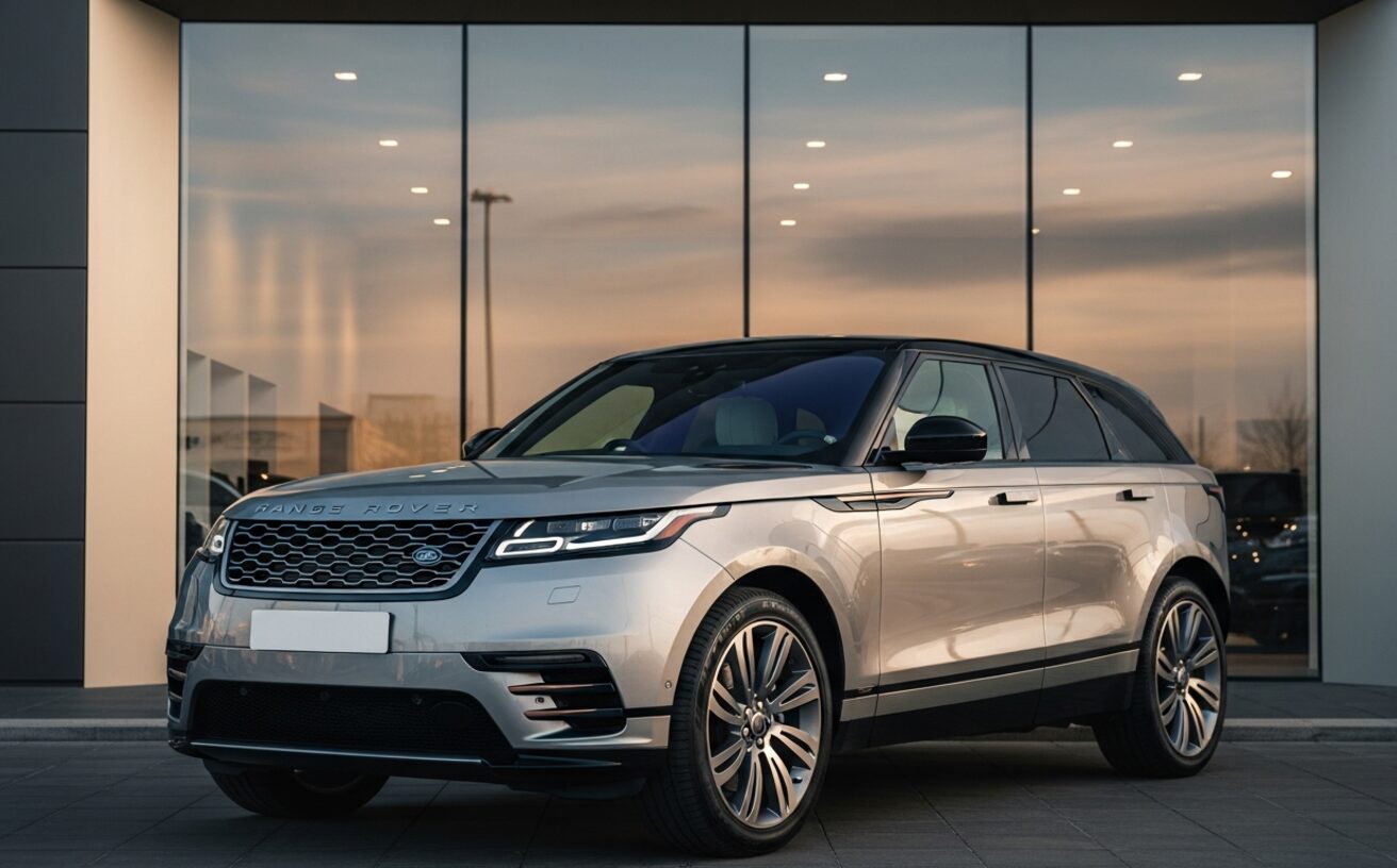 Range Rover Velar in Hakuba Silver outside modern showroom