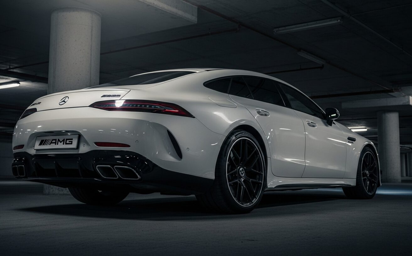 Mercedes-AMG GT 63 four-door coupe in designo diamond white in premium garage