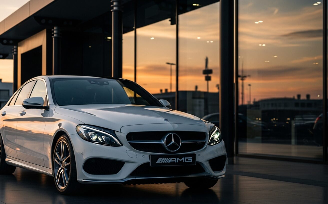 Mercedes-Benz C-Class sedan parked outside modern showroom at golden hour