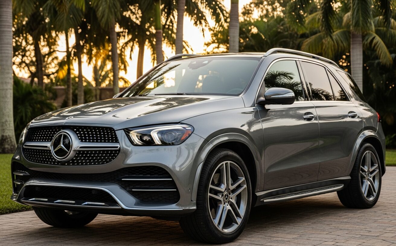 Mercedes-Benz GLE SUV in selenite grey on South Florida driveway with palms