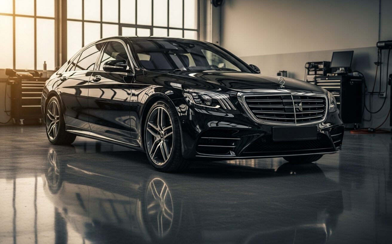 Mercedes-Benz S-Class sedan in obsidian black inside European specialist workshop