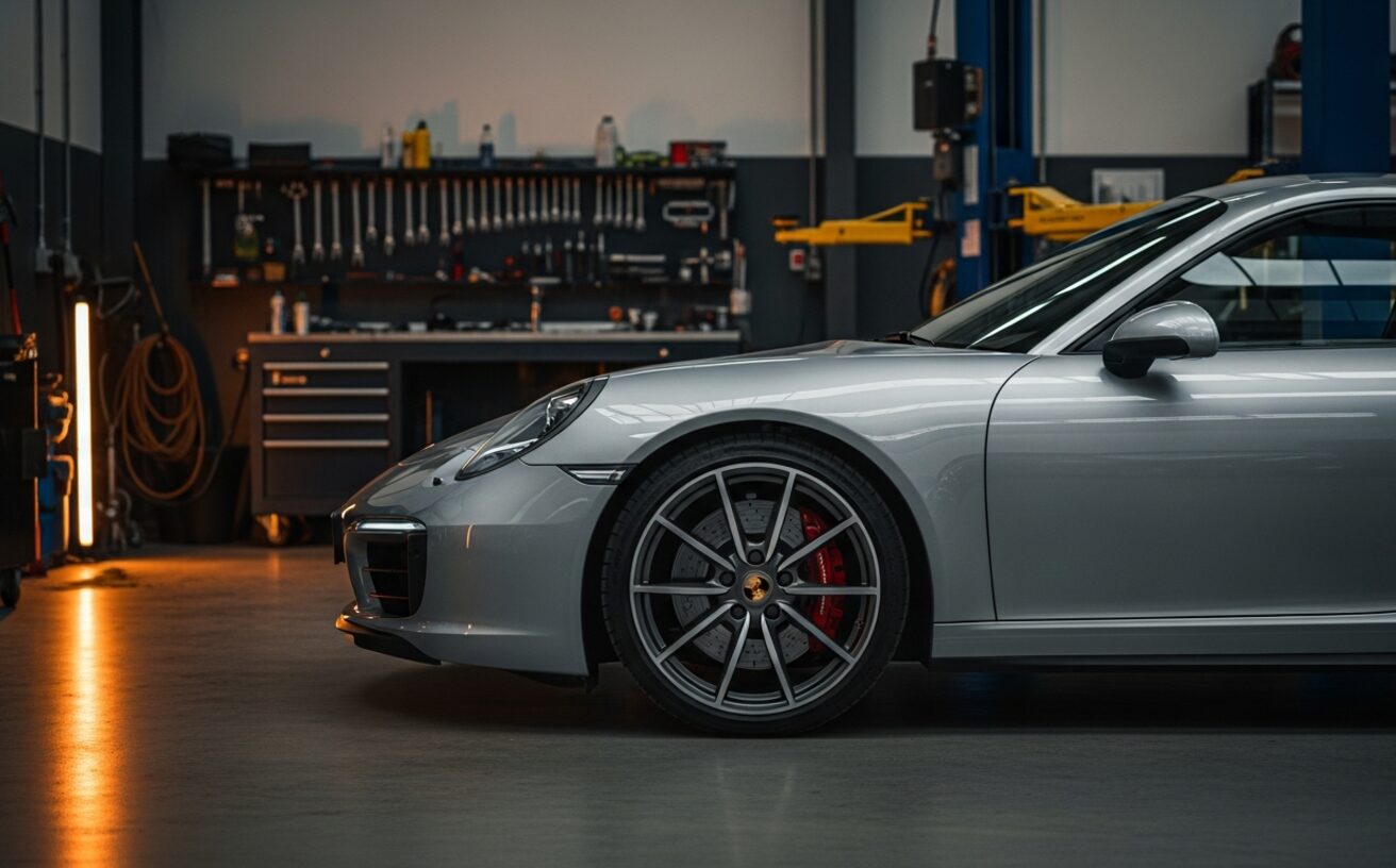 Porsche 911 Carrera S in GT Silver inside European specialist workshop