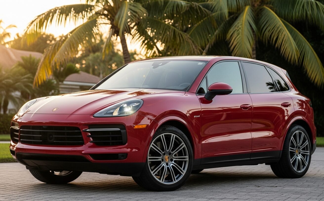 Porsche Cayenne S in Carmine Red on sunlit South Florida driveway with palms