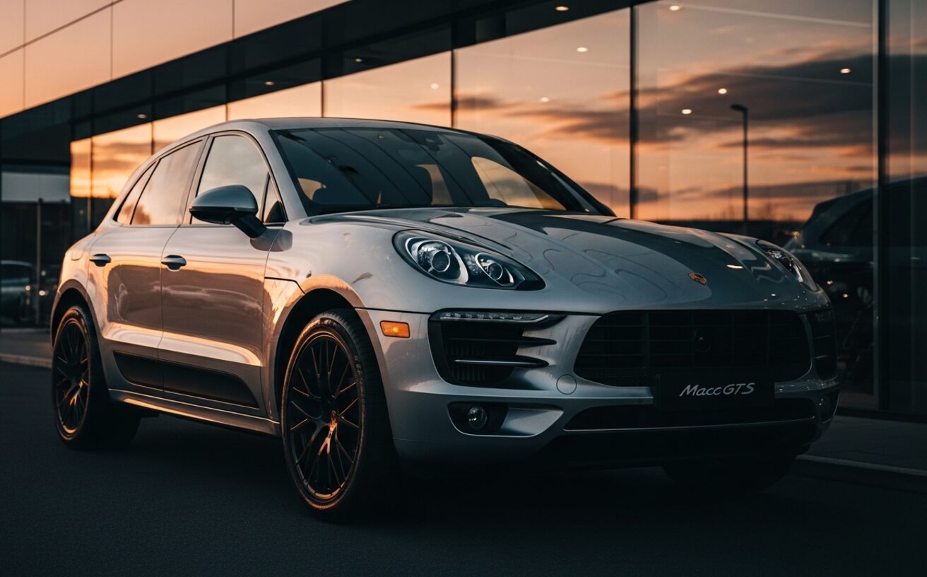 Porsche Macan GTS in Dolomite Silver outside modern showroom at golden hour
