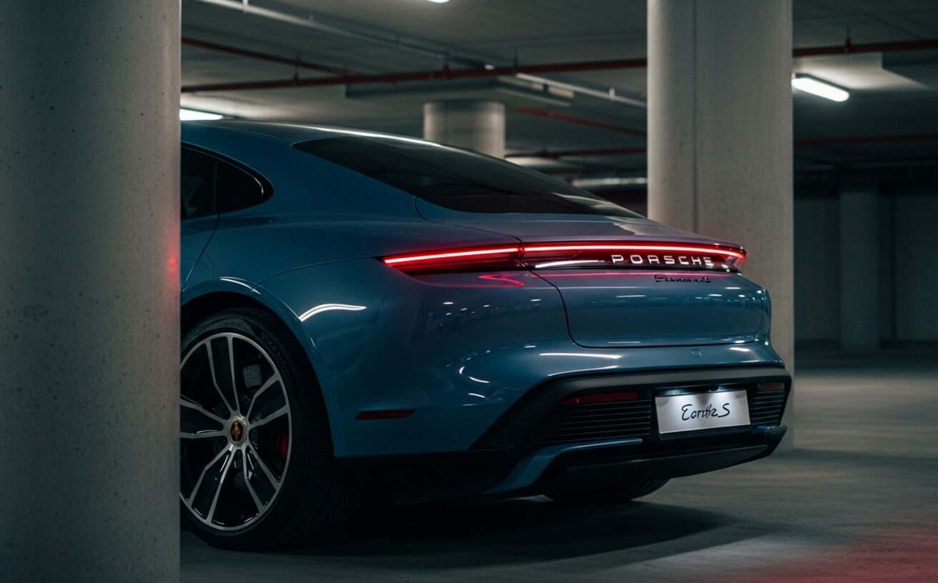 Porsche Taycan Turbo S in Frozen Blue in low-light underground garage