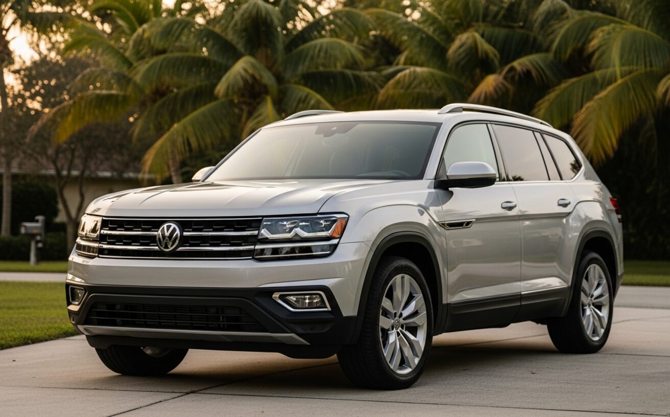 Volkswagen Atlas 3-row SUV in Pyrite Silver on family driveway at golden hour