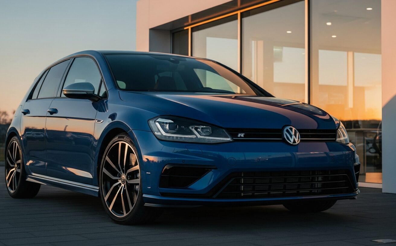 Volkswagen Golf R hatchback in Lapiz Blue at golden hour outside modern showroom