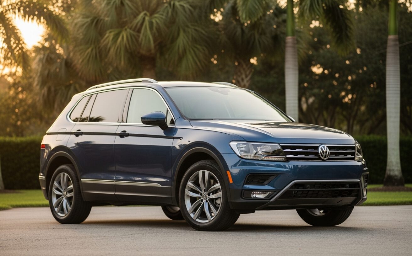 Volkswagen Tiguan SUV in Atlantic Blue on sunlit South Florida driveway with palms