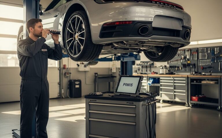 Porsche 911 992 raised on hydraulic lift in independent European specialist workshop