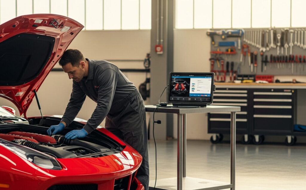Ferrari 488 in independent European auto specialist workshop with master technician performing diagnostic work